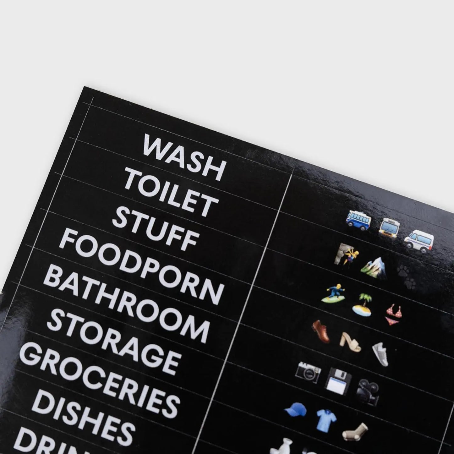 BOXIO - Stickers: 26 Wetterfeste selbstklebende Etiketten für BOXIO Toilet, Wash, Cook, Solo perfekt als Organizer für Camping, Outdoor, Haushalt - Wasserfest, Fotosticker, Labels, Aufkleber