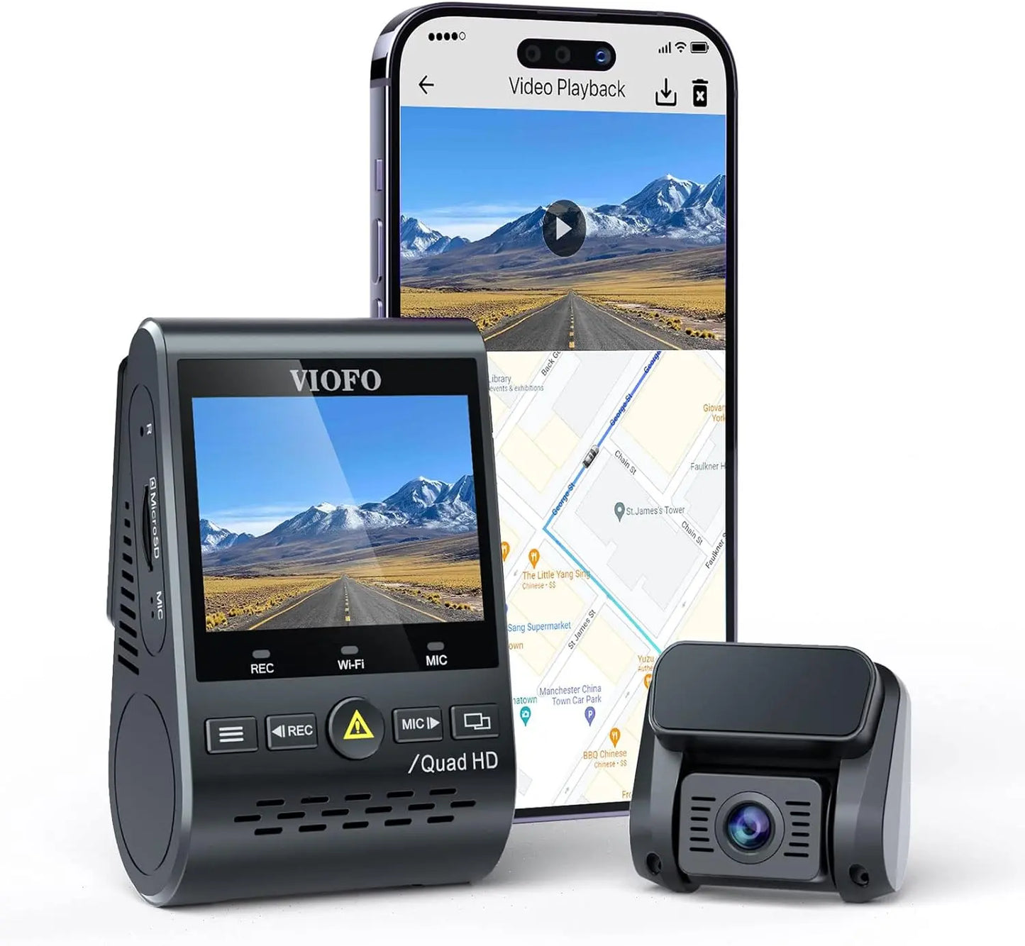 VIOFO A129 Plus Duo Dual WiFi WLAN Dashcam, GPS Modul 2K 1440P 60fps + 1080P Vorne Hinten Auto Kamera, APP Handyüberwachung Autokamera, G-Sensor Parkmodus, Notfallaufnahme Dash Cam, Superkondensator