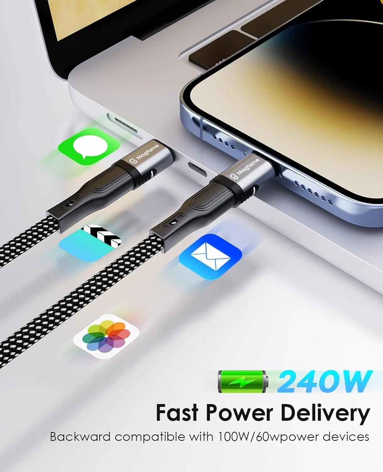 240W Magnetisch USB C Adapter, Typ-C Magnet Adapter 24 Pin mit PD Schnellladung, 20Gbps Datenübertragung, 4K@60Hz Video für MacBook/iPhone 15/ROG Ally/Steam Deck/PS5 PSVR2/PS Portal, Gerade