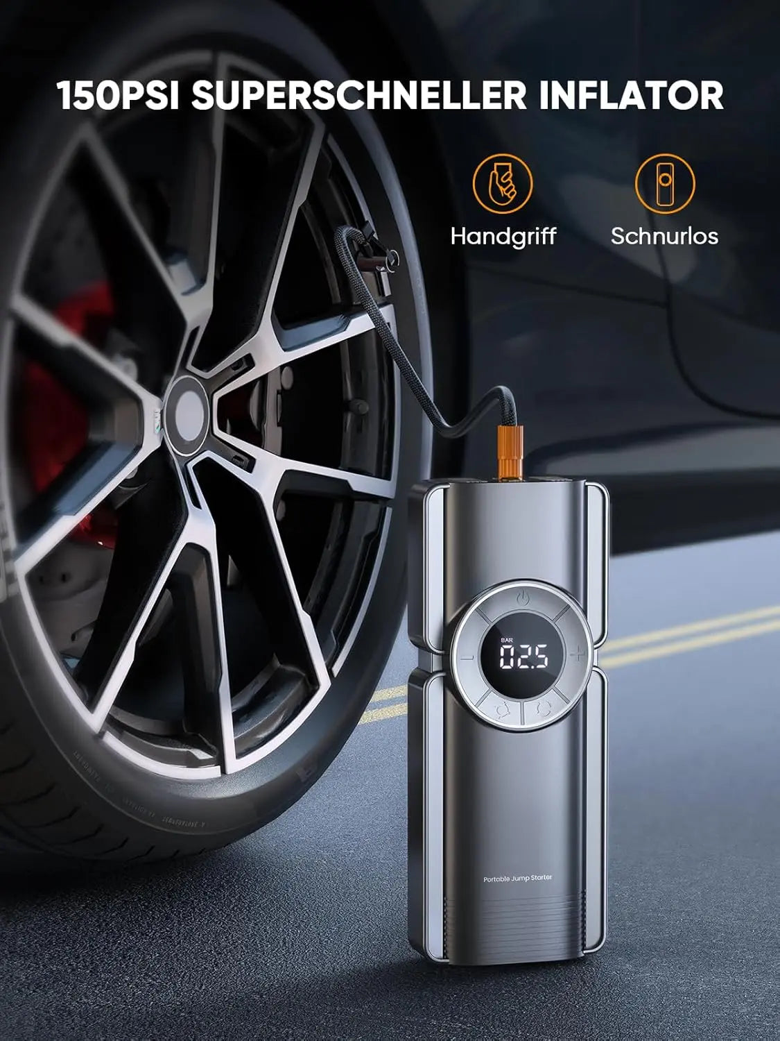Auto Starthilfe Powerbank mit Luftkompressor, 150PSI 3000A Spitzenstrom Starthilfe Powerbank für 8.5L Benzin und 8.0L Dieselmotor, Starthilfe mit LED-Taschenlampe