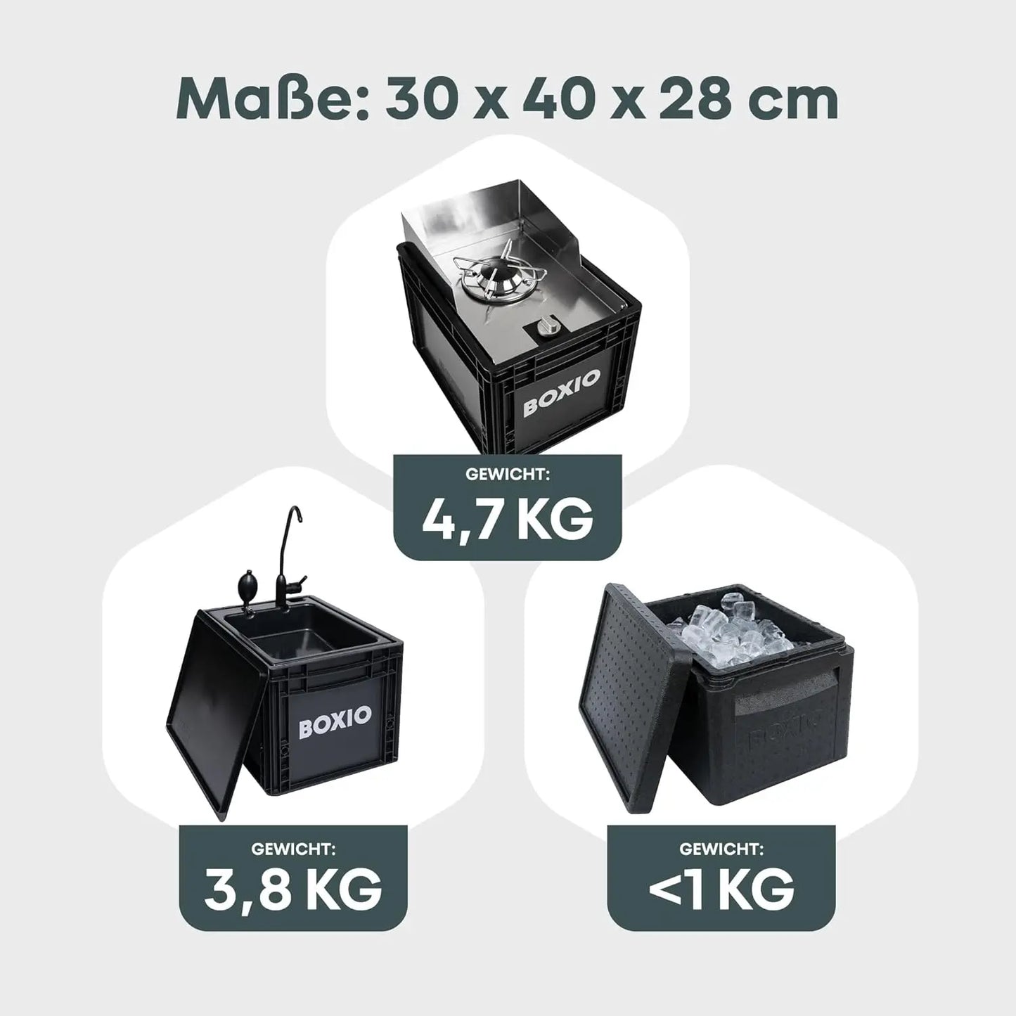 BOXIO - Kitchen Bundle: Mobile Campingküche ohne Strom mit Kochbox, Waschbecken & Gaskocher mit Outdoor Zubehör Schneidbrett, Kühlakkus, Sitzkissen UVM. Perfekte All-in-one Lösung