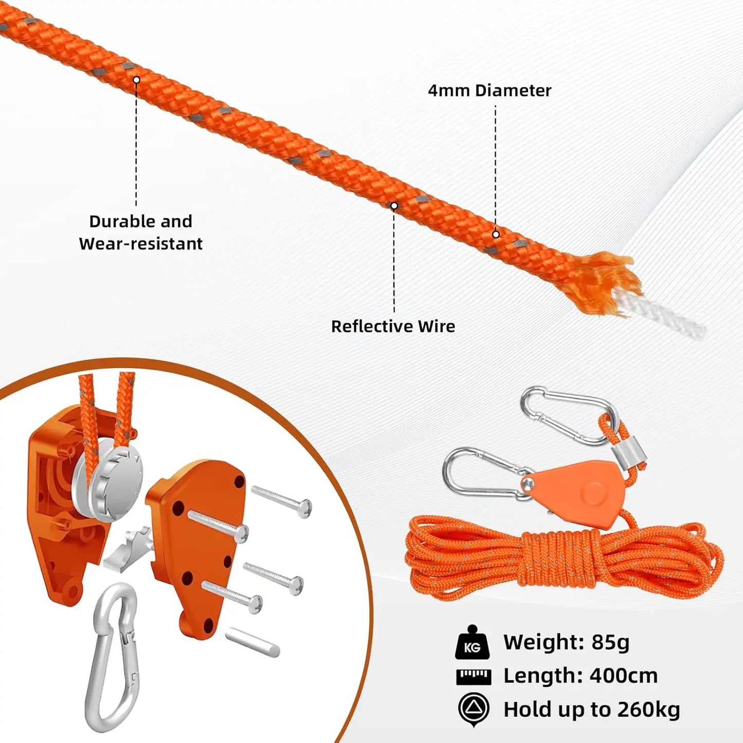 Hossom 4 Stück 4mm Reflektierend Abspannseile Seil mit Seilspanner, 4M Seil Ratsche Zeltschnur Leuchtend mit Spanner Einsteller Einstellbare Nylon Outdoor Seil für Zelt Zeltplane Sonnensegel Camping