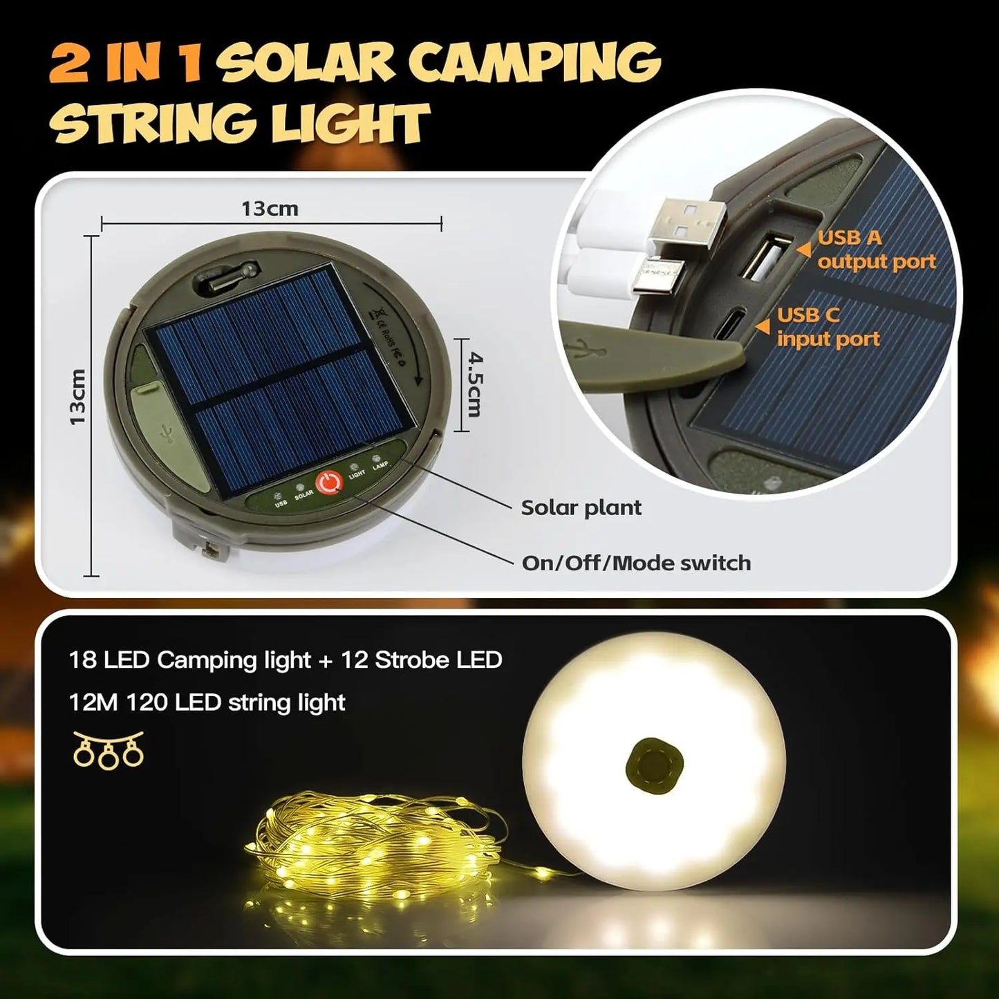 Camping Lichterkette Aufrollbar, 12M Solar Camping Lichterkette Außen, Wiederaufladbar über USB, IP65 Wasserdichte Camping Lichterkette, 120LED Tragbare Campinglampe für Camping, Garten, Wandern