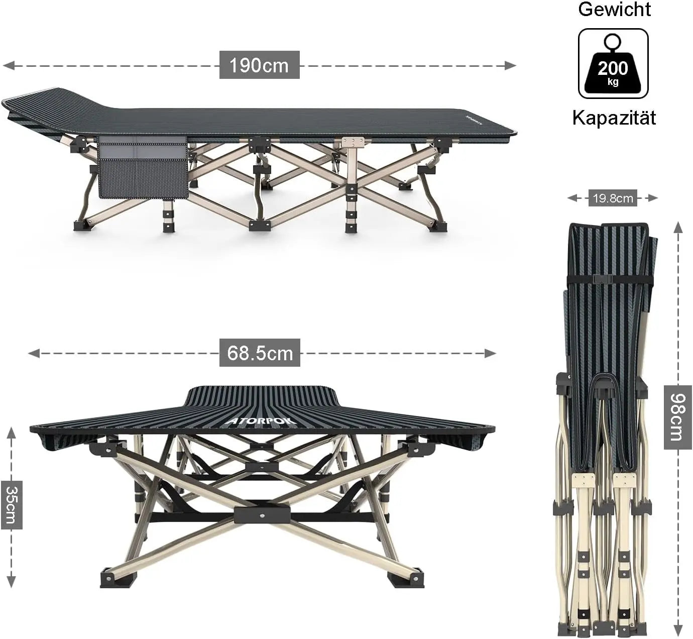 Campingbett feldbett klappbar, Faltbar Gästebett bis 200 kg für, Extra Breit Faltbar Klappbett Feldbett Campingbett für Outdoor Garten Innen