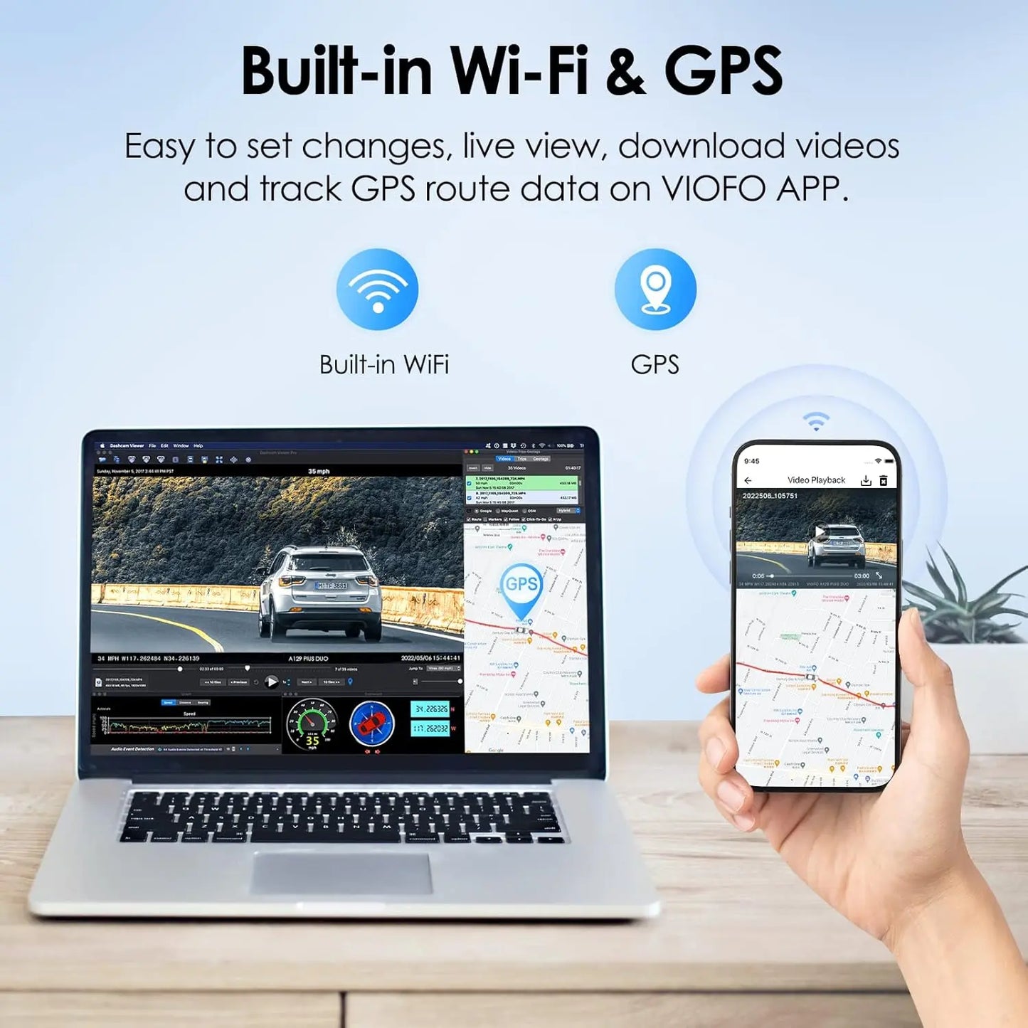 VIOFO A129 Plus Duo Dual WiFi WLAN Dashcam, GPS Modul 2K 1440P 60fps + 1080P Vorne Hinten Auto Kamera, APP Handyüberwachung Autokamera, G-Sensor Parkmodus, Notfallaufnahme Dash Cam, Superkondensator