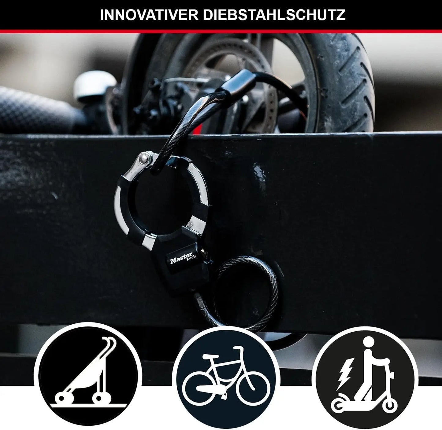 Master Lock Kabelschloss mit Schlüssel, 1 m, Ideal für Scooter Roller, Fahrrad, Kinderwagen, Sportausrüstung, Schwarz