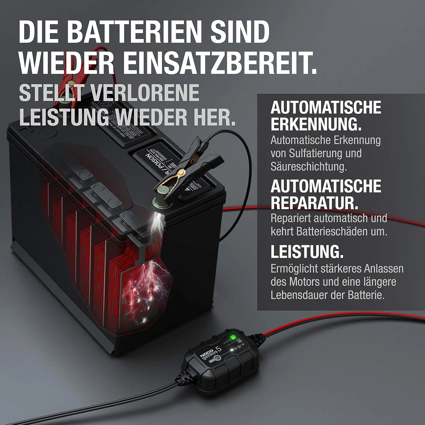NOCO GENIUS5: 5A Intelligentes Batterieladegerät, 6V/12V Ladegerät, Erhaltungsladegerät und Desulfator mit Temperaturkompensation