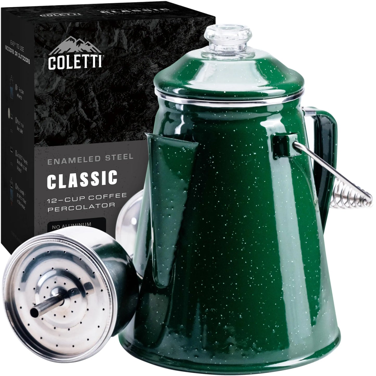 Coletti Klassische Emaille-Kaffeemaschine (schwarz, 12 Tassen) – die Originale, Moderne Camping-Kaffeemaschine – unverzichtbar für den Campingplatz-Braumeister