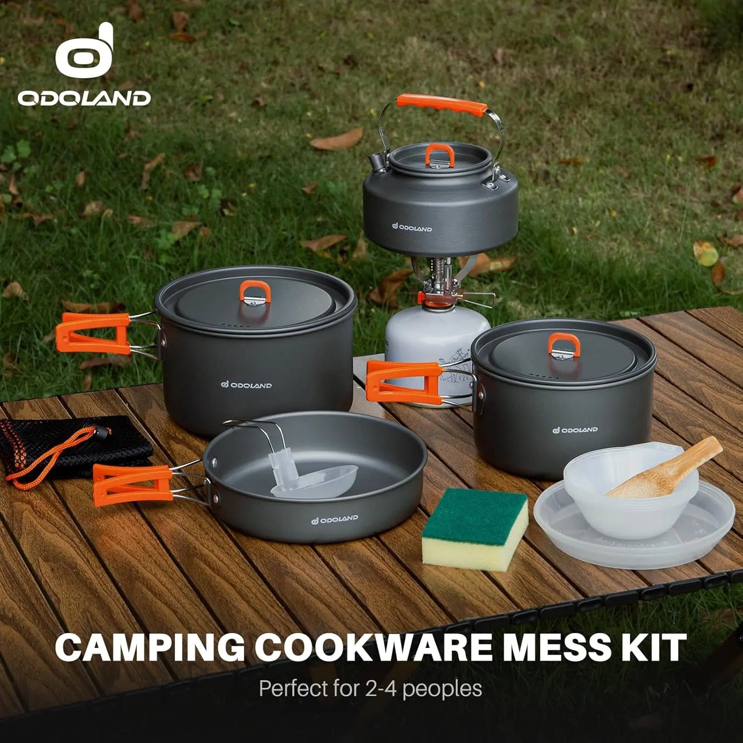 Odoland Camping Geschirr Set 15 Teilig, Outdoor Kochgeschirr Set mit 2 Topfe, Bratpfanne und Wasserkocher Camping Kochtopf Set, Kochgeschirr Aluminium für 4-5 Personen