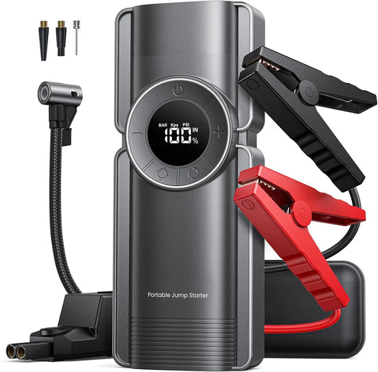 Auto Starthilfe Powerbank mit Luftkompressor, 150PSI 3000A Spitzenstrom Starthilfe Powerbank für 8.5L Benzin und 8.0L Dieselmotor, Starthilfe mit LED-Taschenlampe