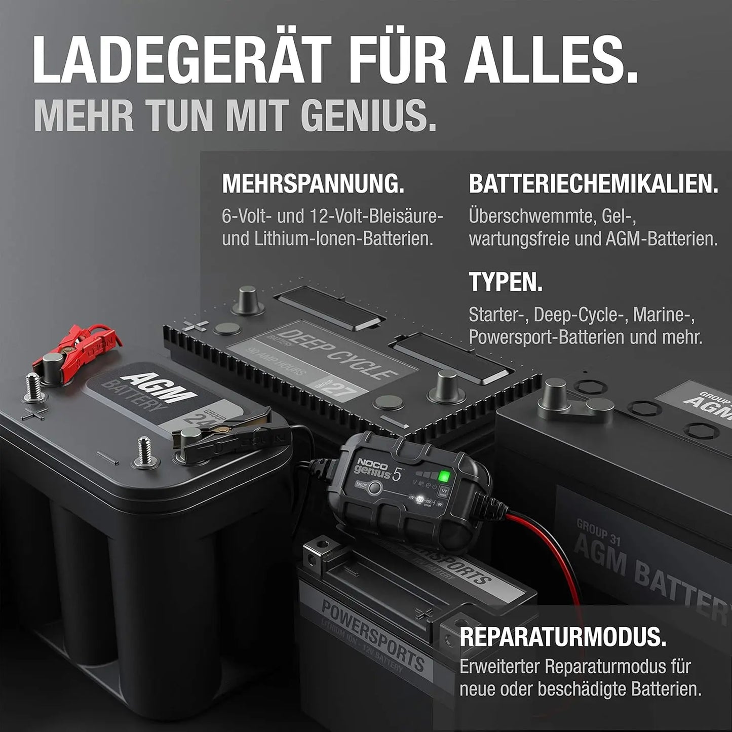 NOCO GENIUS5: 5A Intelligentes Batterieladegerät, 6V/12V Ladegerät, Erhaltungsladegerät und Desulfator mit Temperaturkompensation