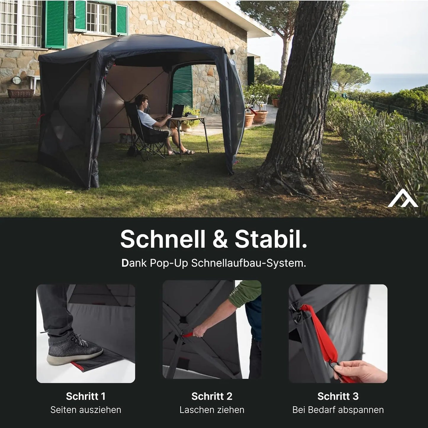 qeedo faltbares Schnell-Aufbau Pavillon mit UV-Schutz, wasserabweisend (3,7 x 2,2 m) inkl. Sturmleinen & Stahl-Heringe, Camping Vorzelt Event Shelter - Quick Hub Hex