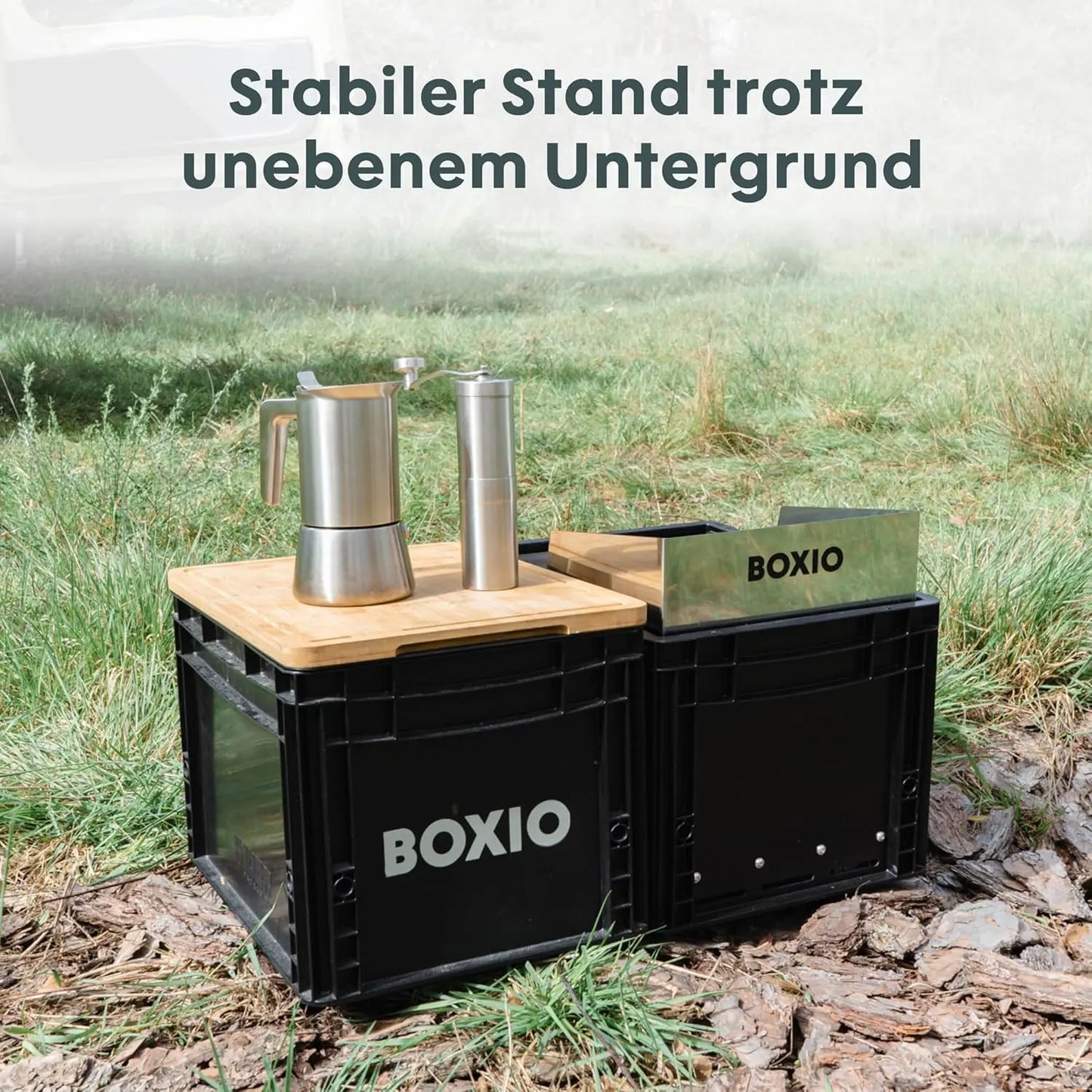 BOXIO - COOK: Edelstahl All-in-One Campingkocher mit Stauraum & Windschutz, Gaskartuschen Campingkocher für Camping, Outdoor, Vanlife & als Kartuschenkocher im mobilen Verkaufsstand auf dem Markt