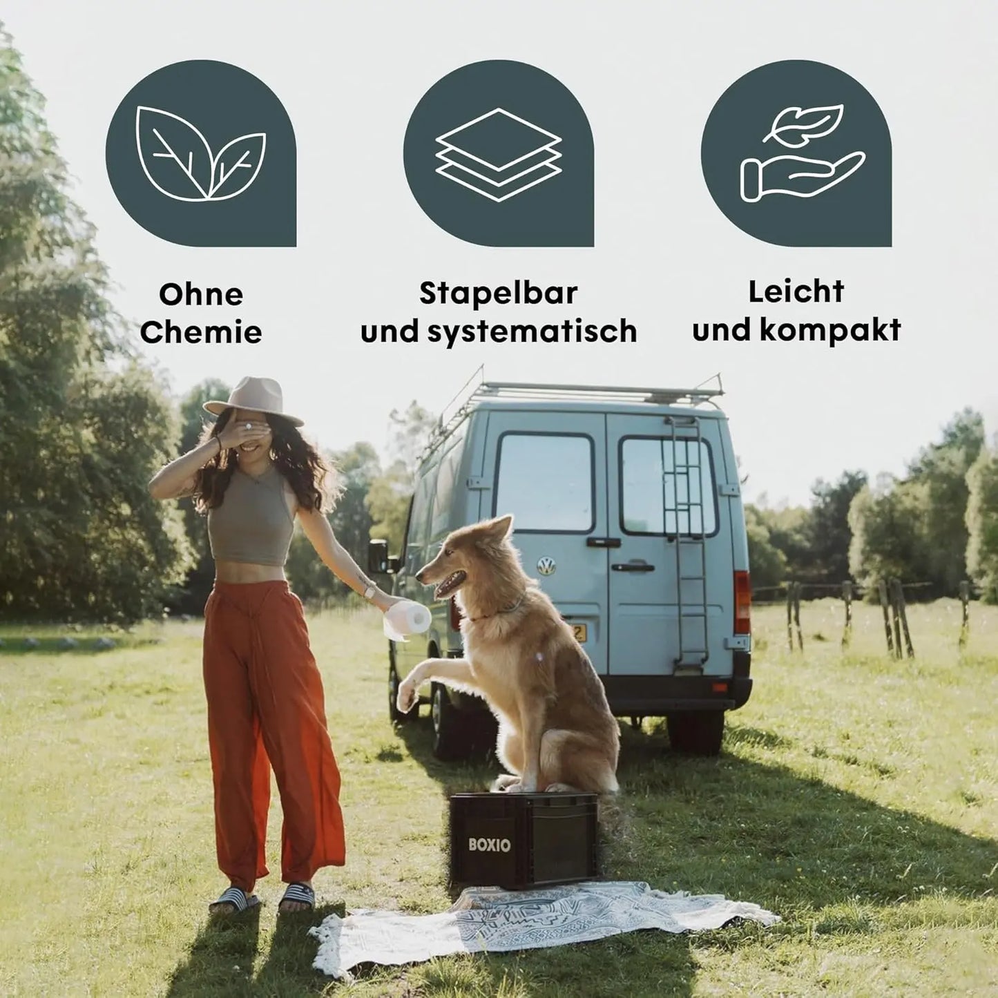 BOXIO - Toilet Plus: Campingtoilette Starter Kit mit Hemp, Plug & Bags, Mobile Trockentrenntoilette ohne Chemie für Camping, Van, Outdoor, Dachzelt: Toilette auf Eurobox Basis ohne Strom für unterwegs