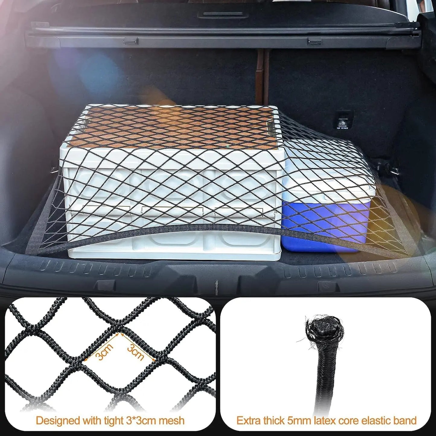 Kofferraum Gepäcknetz Gepäcknetz 60x80cm Erstreckt Sich auf 120x160cm Kofferraum Netz mit 6 Karabinern und 4 ABS Kunststoffschnallen Gepäcknetz Super Elastisch Geeignet für die meisten Autos