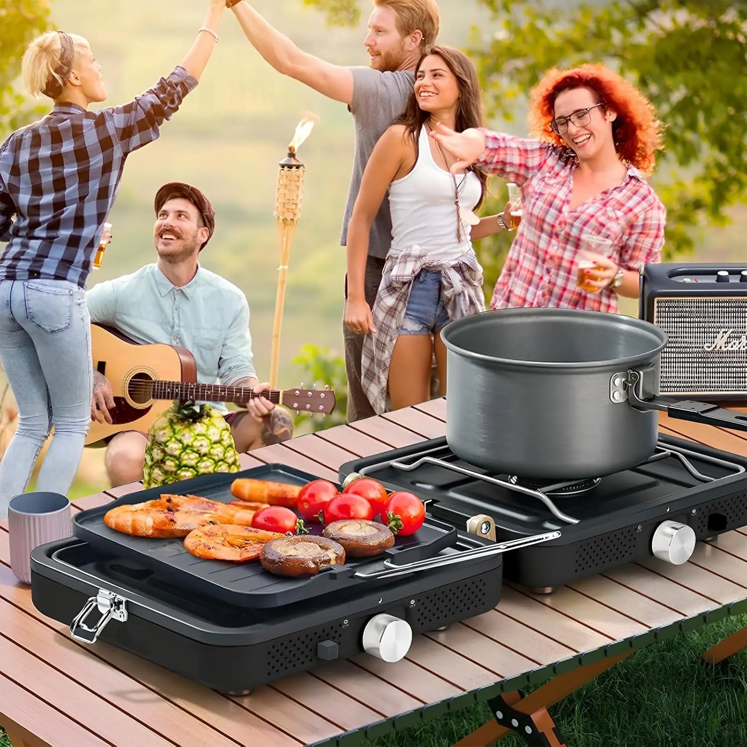 Hengriacly Campingkocher, Collapsible & Tragbare, Gaskocher 2 Flammig mit Piezo-Zündung, inkl. Grillplatte & Gasschlauch, für Outdoor BBQ, Wandern & Notfälle, Butan
