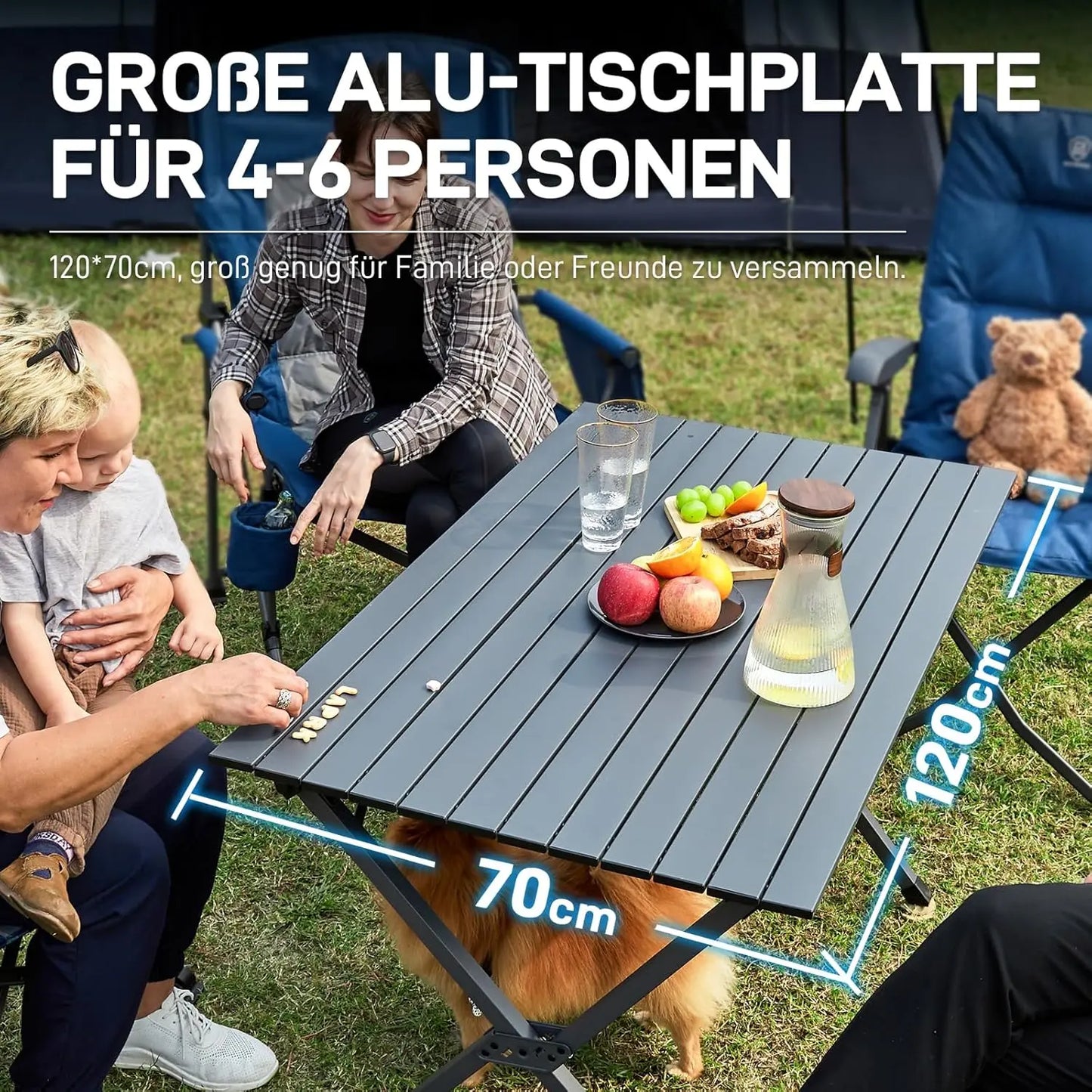 EVER ADVANCED Campingtisch Klappbar Aluminium 120X70CM Klapptisch 100KG Belastbar Aufrollbarer Tischplatte für 4-6 Personen, Falttisch mit Tragetasche für Camping Picknick Garten Balkon, Dunkelgrau