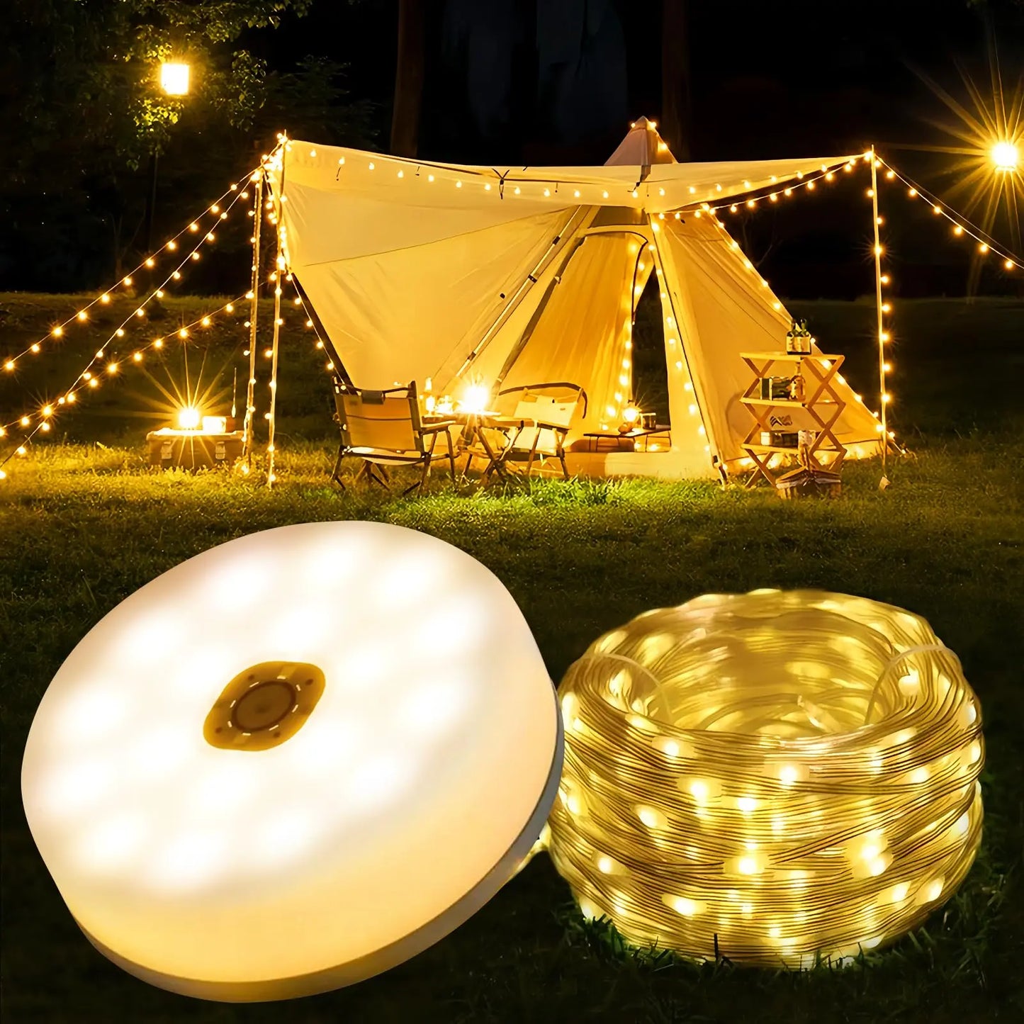 Camping Lichterkette Aufrollbar, 12M Solar Camping Lichterkette Außen, Wiederaufladbar über USB, IP65 Wasserdichte Camping Lichterkette, 120LED Tragbare Campinglampe für Camping, Garten, Wandern