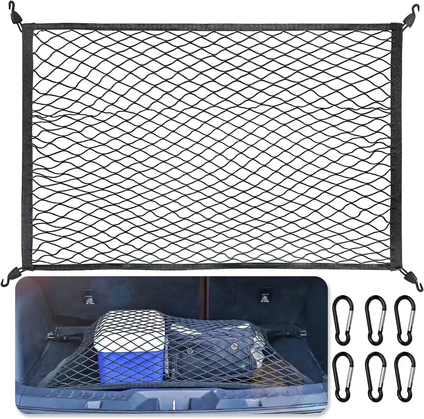 Kofferraum Gepäcknetz Gepäcknetz 60x80cm Erstreckt Sich auf 120x160cm Kofferraum Netz mit 6 Karabinern und 4 ABS Kunststoffschnallen Gepäcknetz Super Elastisch Geeignet für die meisten Autos