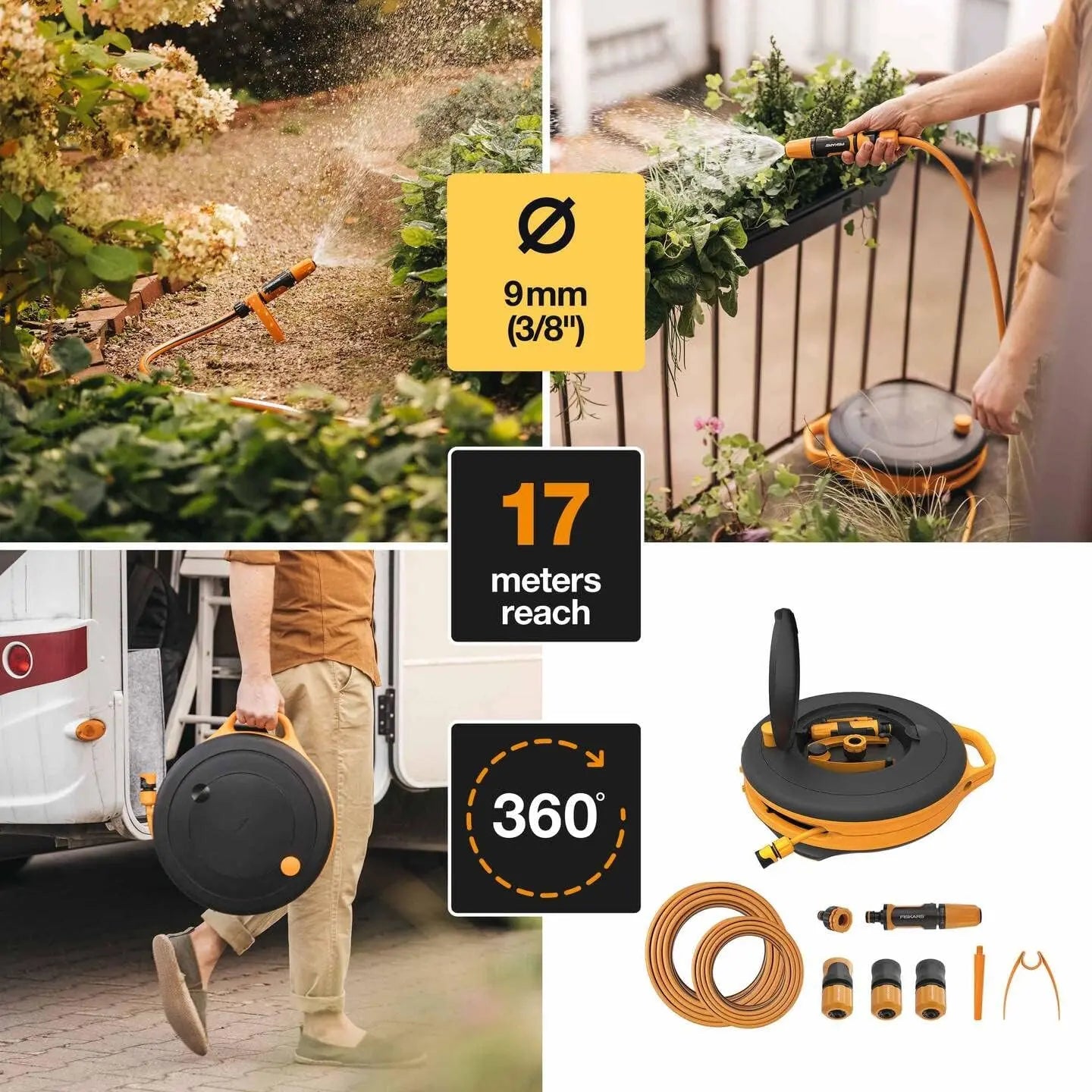 Fiskars Waterwheel S, All-Inclusive-Bewässerungs-Set, 15 m Gesamtreichweite, Gartenschlauch in Universalgröße (Ø 9 mm), Universal-Hahnverbinder, Schwarz/Orange, 1020436