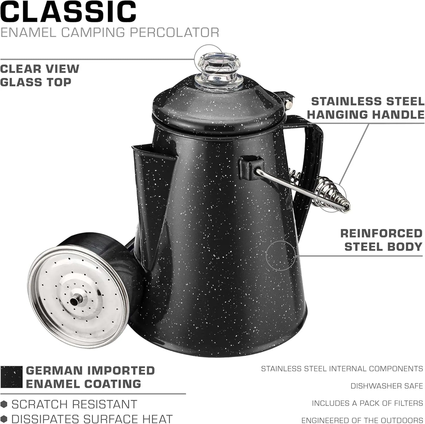Coletti Klassische Emaille-Kaffeemaschine (schwarz, 12 Tassen) – die Originale, Moderne Camping-Kaffeemaschine – unverzichtbar für den Campingplatz-Braumeister