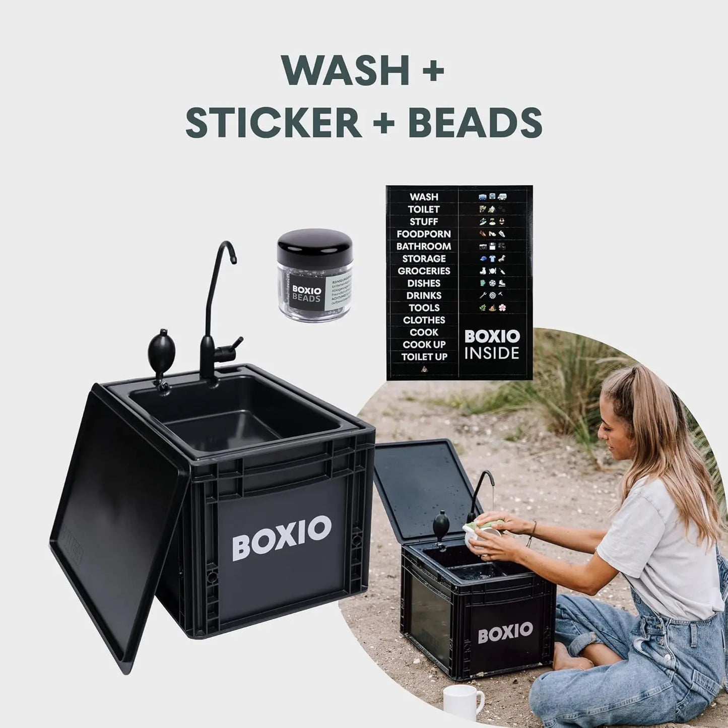 BOXIO - Kitchen Bundle: Mobile Campingküche ohne Strom mit Kochbox, Waschbecken & Gaskocher mit Outdoor Zubehör Schneidbrett, Kühlakkus, Sitzkissen UVM. Perfekte All-in-one Lösung
