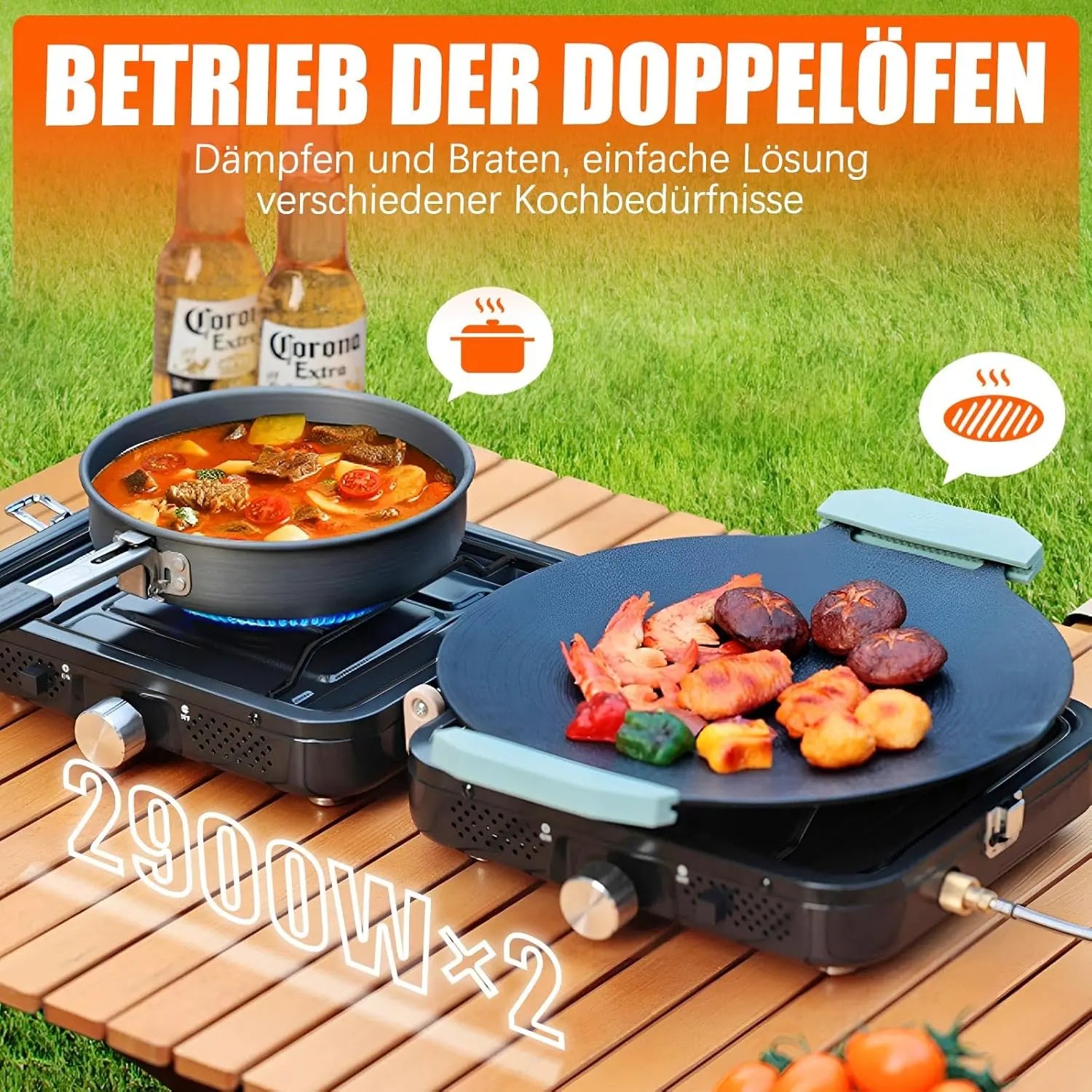 Hengriacly Campingkocher, Collapsible & Tragbare, Gaskocher 2 Flammig mit Piezo-Zündung, inkl. Grillplatte & Gasschlauch, für Outdoor BBQ, Wandern & Notfälle, Butan