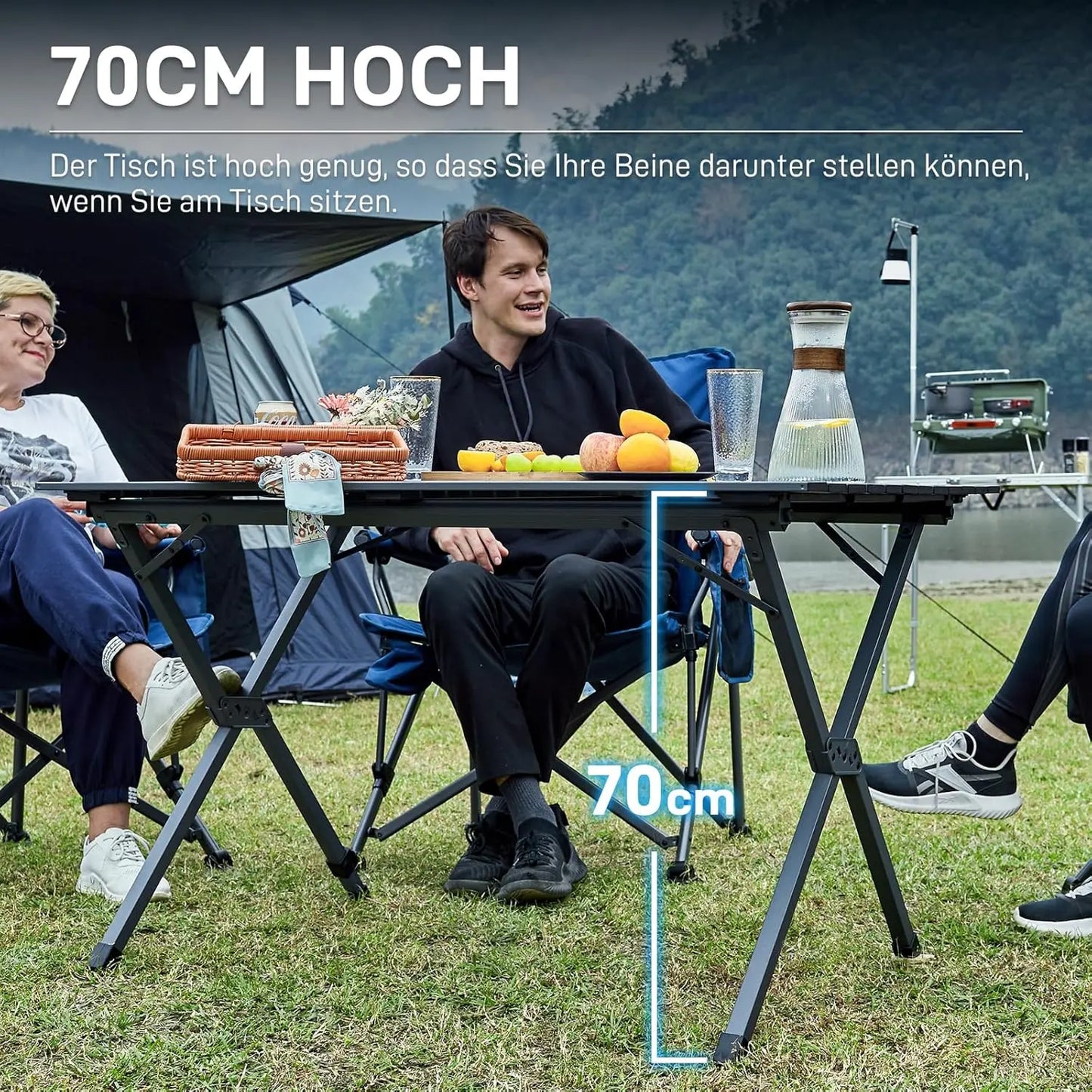 EVER ADVANCED Campingtisch Klappbar Aluminium 120X70CM Klapptisch 100KG Belastbar Aufrollbarer Tischplatte für 4-6 Personen, Falttisch mit Tragetasche für Camping Picknick Garten Balkon, Dunkelgrau