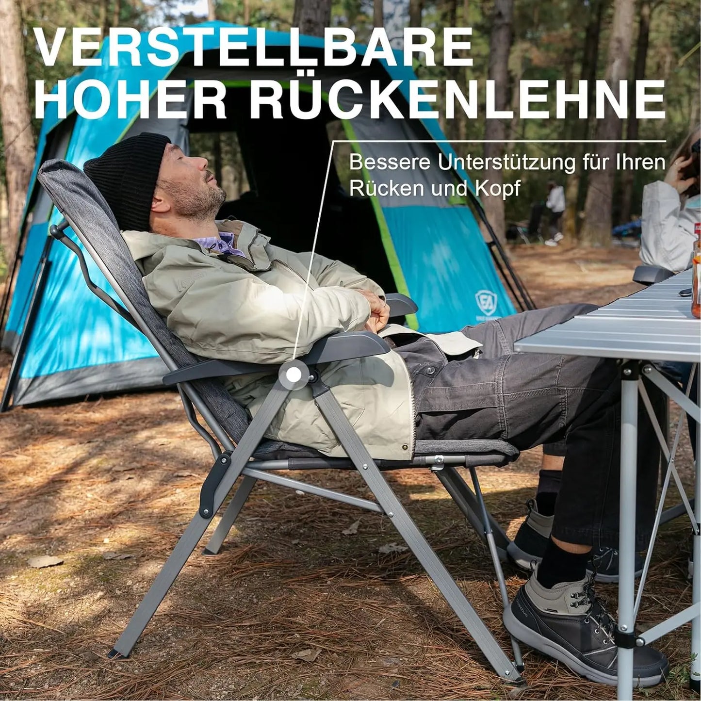 EVER ADVANCED Campingstuhl Faltbar Rückenverstellbar in 4 Positionen 150 KG Belastbarkeit Klappstuhl Luxus 6cm Dicke Gepolstert Gartenstuhl Hohe Lehne Angelstuhl für Camp Garten Balkon Alu+Stahl