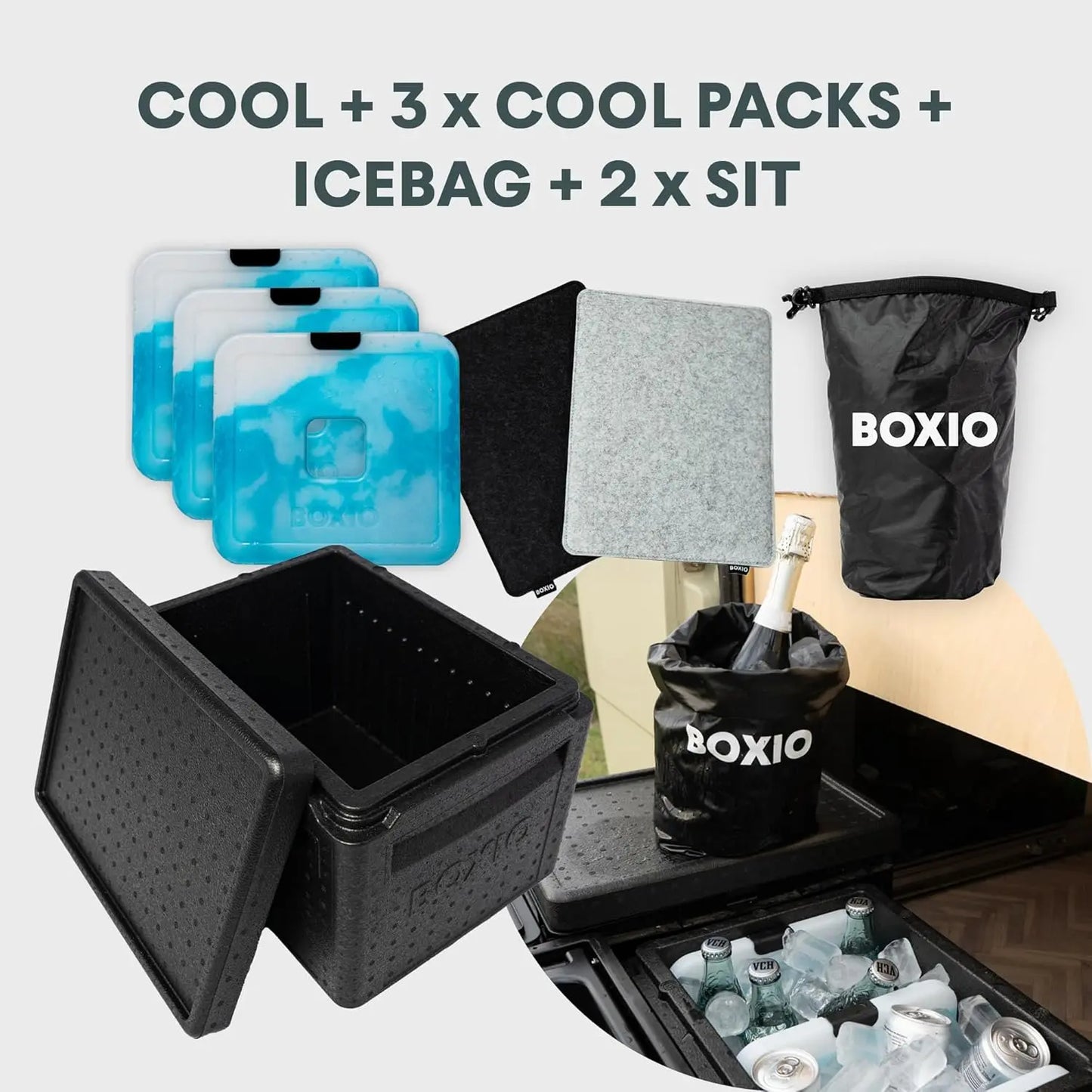 BOXIO - Kitchen Bundle: Mobile Campingküche ohne Strom mit Kochbox, Waschbecken & Gaskocher mit Outdoor Zubehör Schneidbrett, Kühlakkus, Sitzkissen UVM. Perfekte All-in-one Lösung