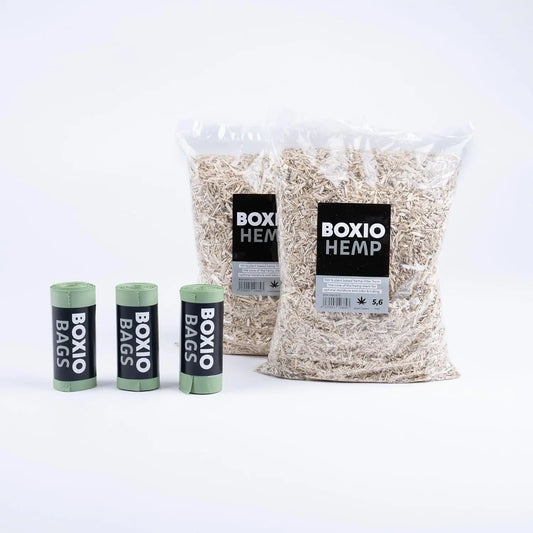 BOXIO - Refill Bundle: 2X Hanfstreu, 3X Bio Bags 10l - Campingtoiletten Zubehör Set, Biobeutel, Sägeraspel Streu für Trenntoilette, Komposttoilette - Ideal für Camping, Gartenklo und unterwegs