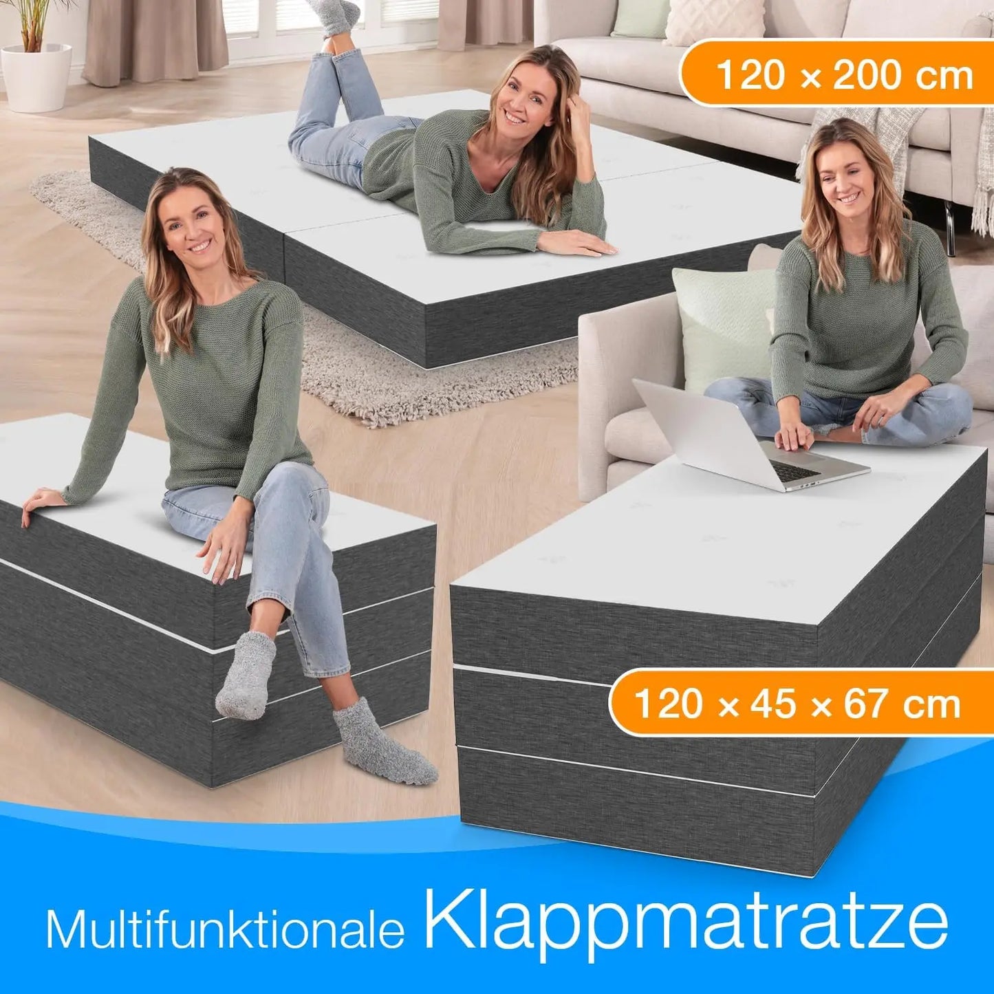 Premium Visco Klappmatratze 120x200 cm, extra hoch 15 cm, Gästematratze klappbar, Faltmatratze, Faltbare Matratze, Bandscheibenwürfel, Reisematratze, Gästebett klappbar, Klappbett waschbar