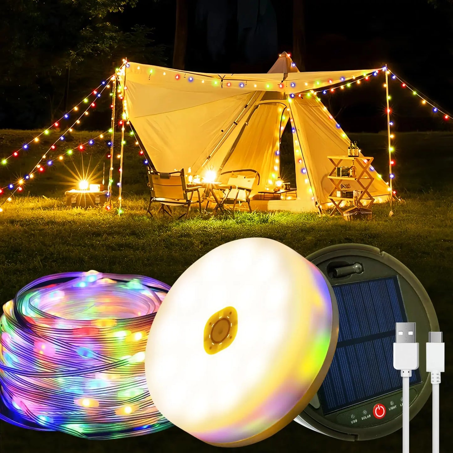 Camping Lichterkette Aufrollbar, 12M Solar Camping Lichterkette Außen, Wiederaufladbar über USB, IP65 Wasserdichte Camping Lichterkette, 120LED Tragbare Campinglampe für Camping, Garten, Wandern