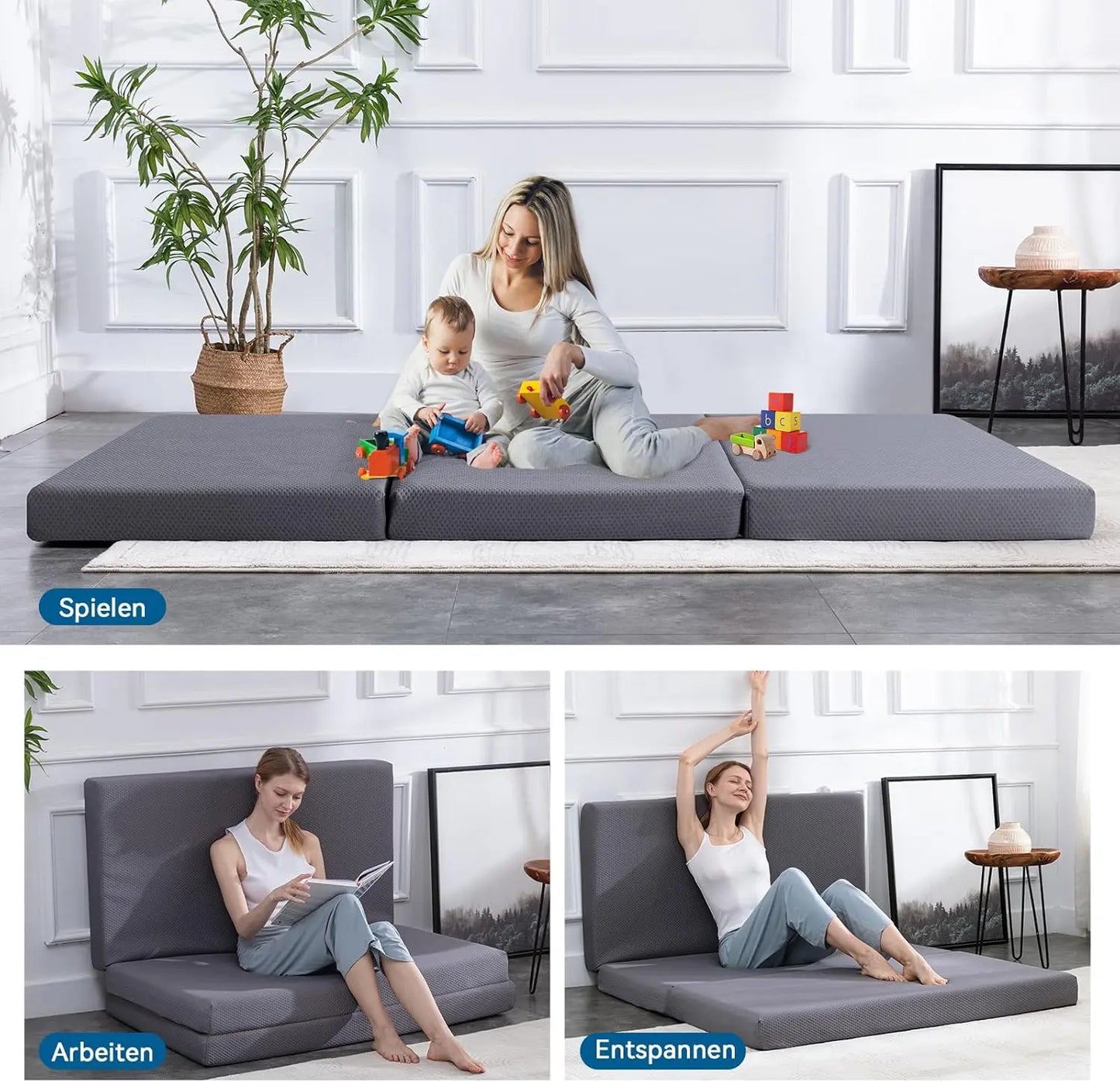 Amazon Basics Faltbare Memoryschaum Gästematratze mit Bezug, Mittel Fest, 120 x 195 x 10 cm, Grau