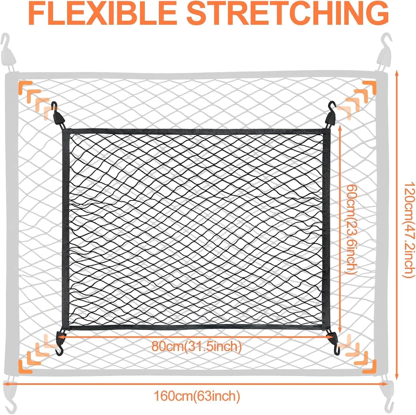Kofferraum Gepäcknetz Gepäcknetz 60x80cm Erstreckt Sich auf 120x160cm Kofferraum Netz mit 6 Karabinern und 4 ABS Kunststoffschnallen Gepäcknetz Super Elastisch Geeignet für die meisten Autos