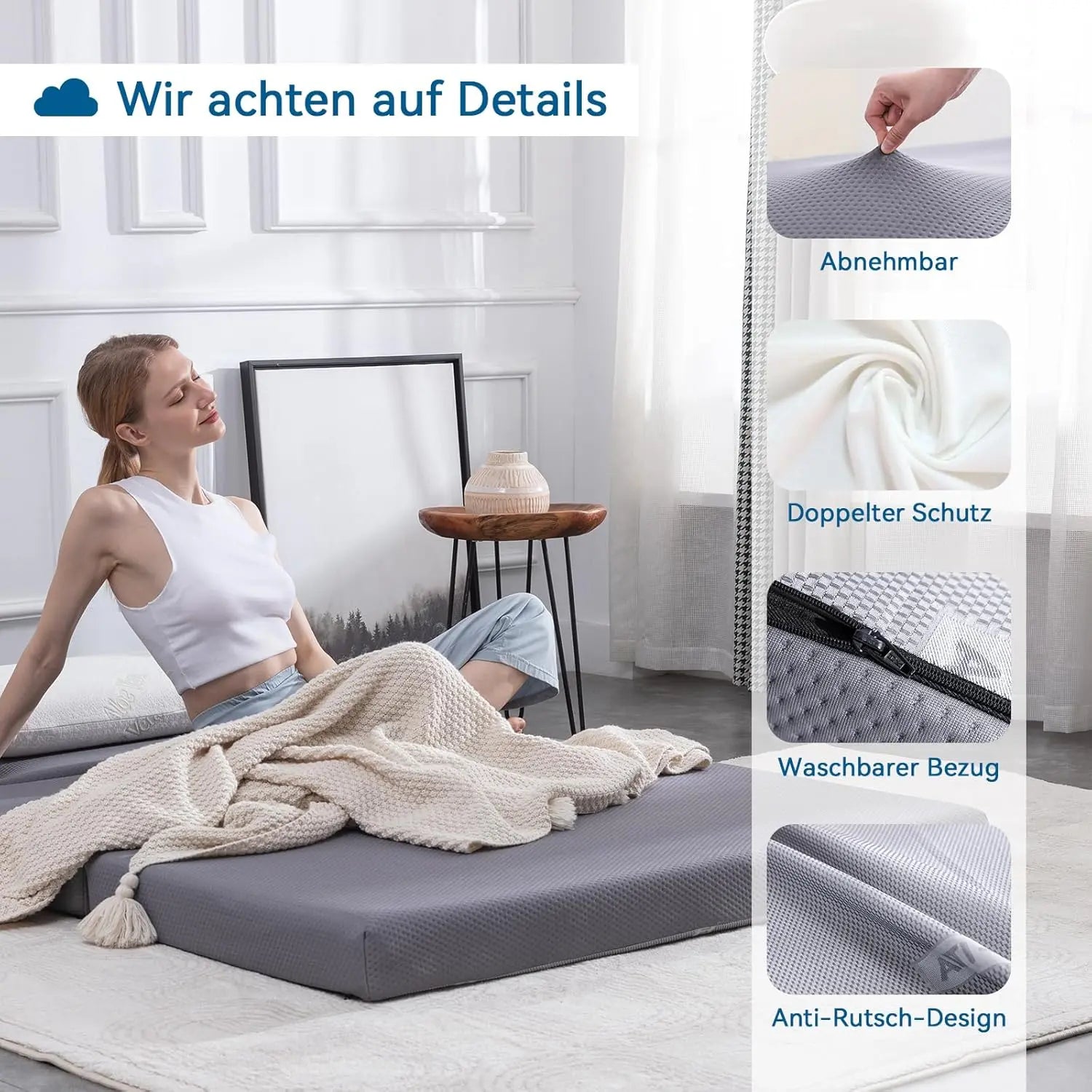 Amazon Basics Faltbare Memoryschaum Gästematratze mit Bezug, Mittel Fest, 120 x 195 x 10 cm, Grau