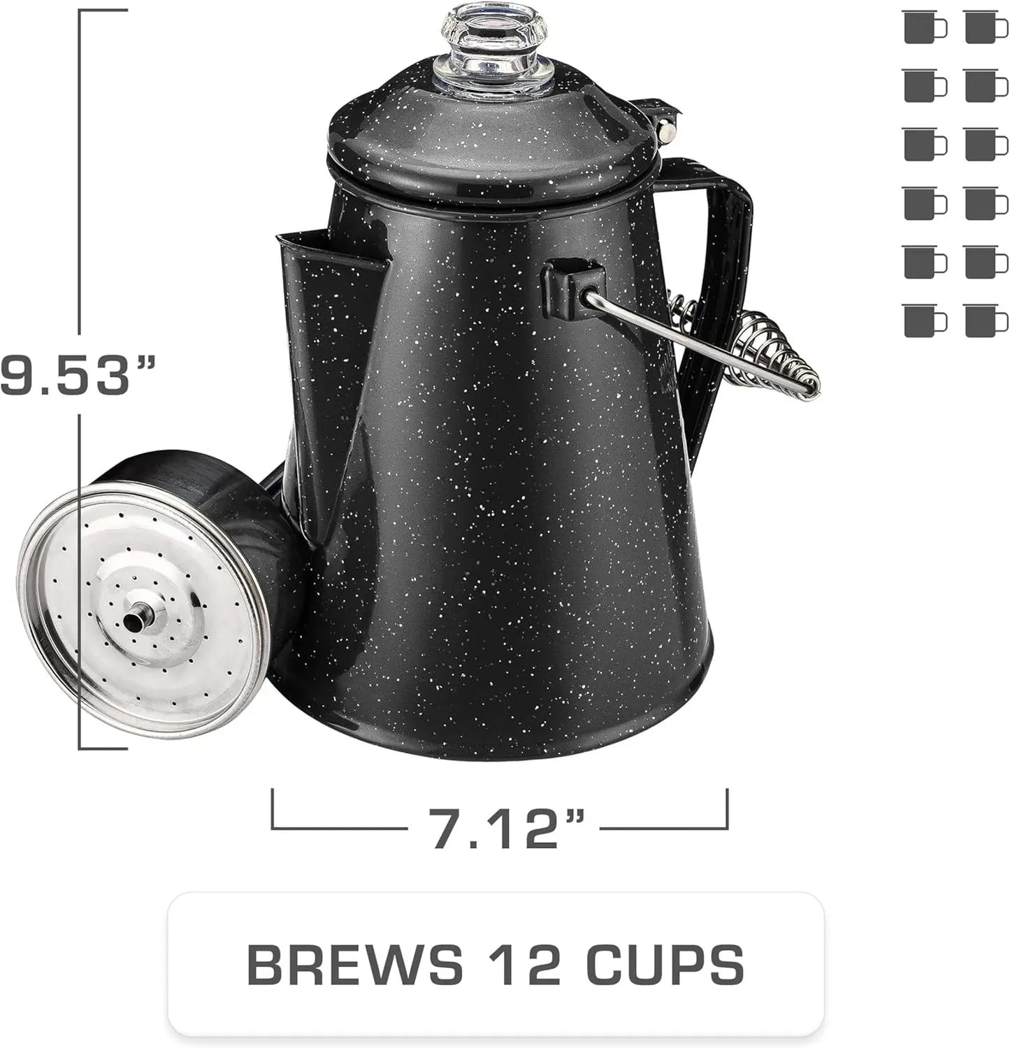 Coletti Klassische Emaille-Kaffeemaschine (schwarz, 12 Tassen) – die Originale, Moderne Camping-Kaffeemaschine – unverzichtbar für den Campingplatz-Braumeister