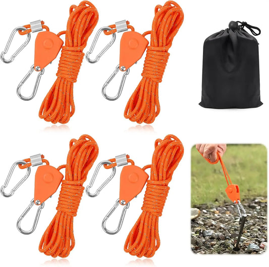 Hossom 4 Stück 4mm Reflektierend Abspannseile Seil mit Seilspanner, 4M Seil Ratsche Zeltschnur Leuchtend mit Spanner Einsteller Einstellbare Nylon Outdoor Seil für Zelt Zeltplane Sonnensegel Camping