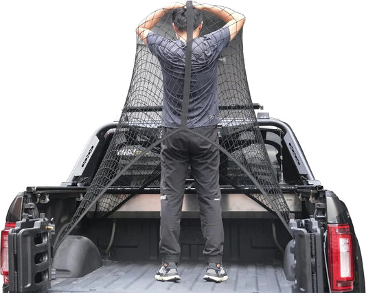 Hochelastisches Gepäcknetz, einfacher LKW-Bett-Organizer, geeignet für tägliche leichte Lasten von LKWs, 1,2 x 1,2 m dehnbar bis 2,1 m x 2,1 m (doppellagig)