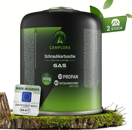 CAMPLORA 2x 450g Gaskartuschen passend für Weber Gasgrill Q100/1000-Serie, Propangas & Butangas, Schraubkartusche mit Gewinde für Campingkocher Gas Kartuschen Schraubventil Gasflaschen butane