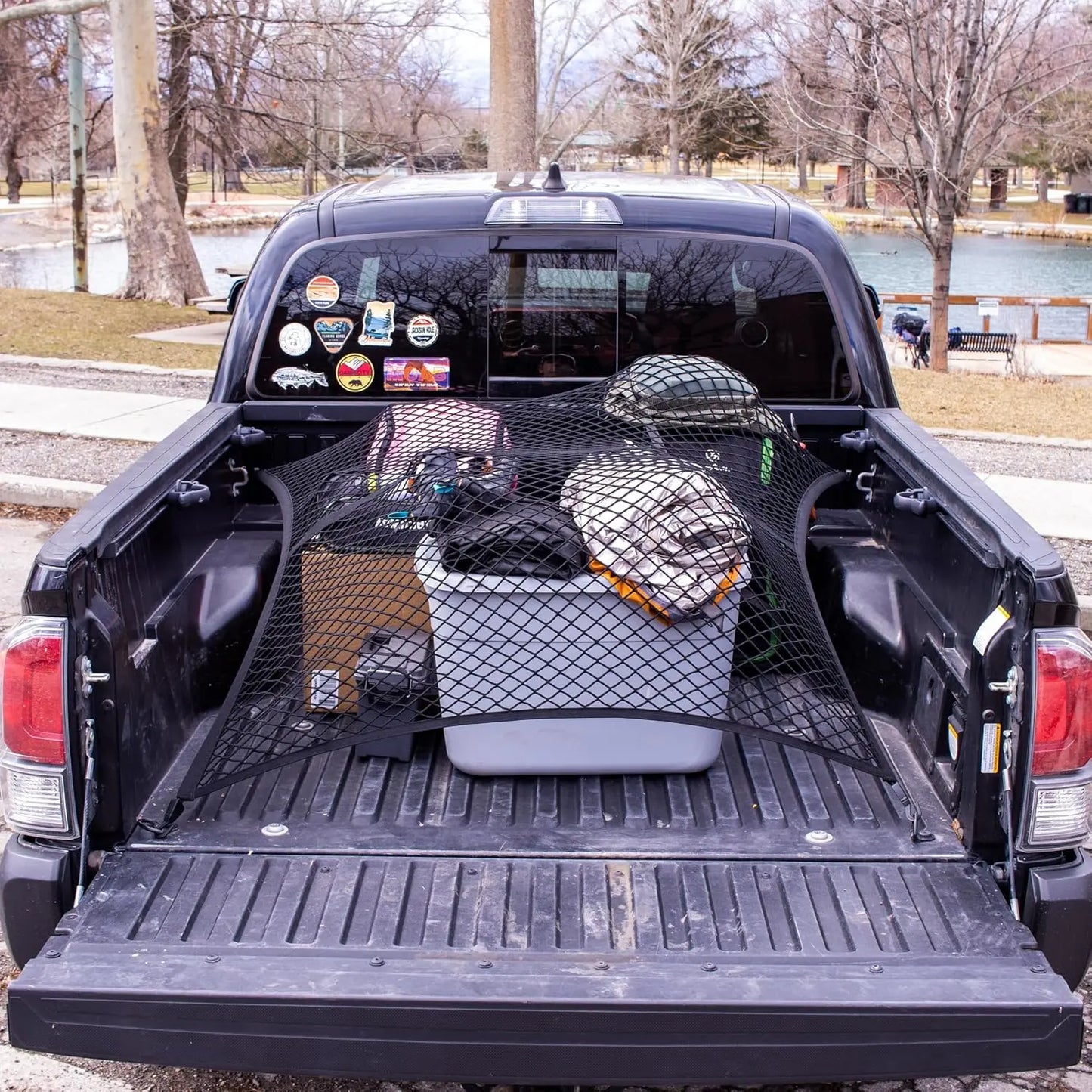 Hochelastisches Gepäcknetz, einfacher LKW-Bett-Organizer, geeignet für tägliche leichte Lasten von LKWs, 1,2 x 1,2 m dehnbar bis 2,1 m x 2,1 m (doppellagig)