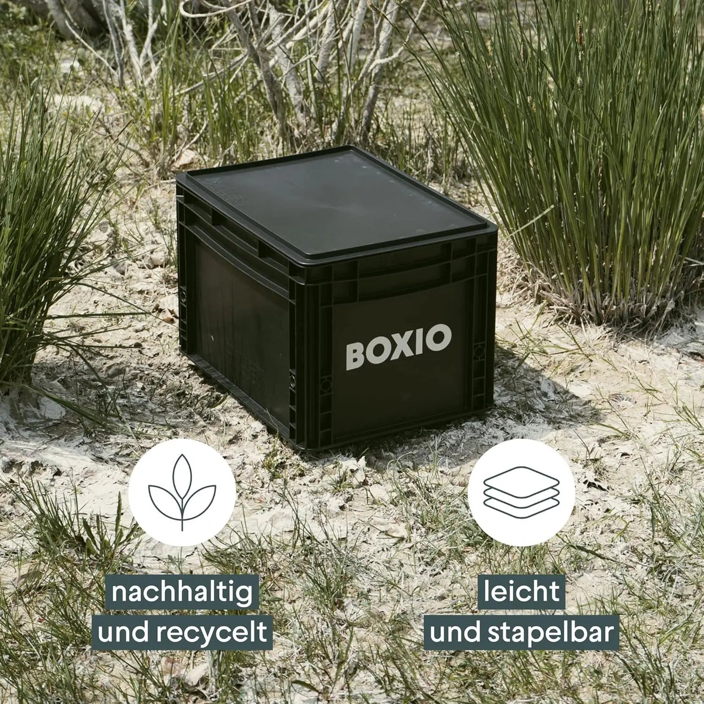 BOXIO - SOLO UP: Aufbewahrungsbox 40x30x12 cm - Eurobox - perfekte Plastikbox, Transportkiste, Kiste, Stapelbox für Camping, Keller oder Garten - Schwarz, stapelbar mit anderen Euroboxen