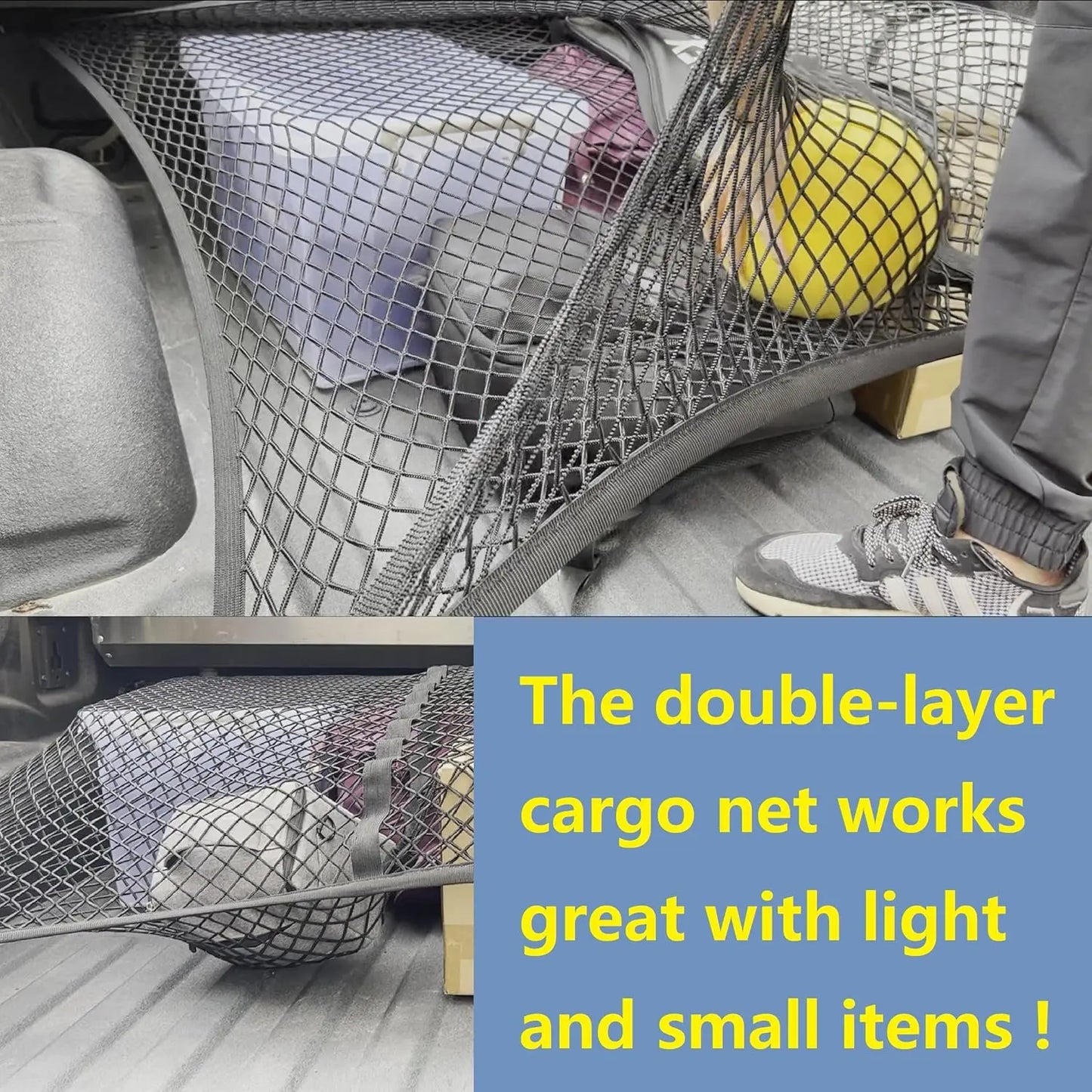 Hochelastisches Gepäcknetz, einfacher LKW-Bett-Organizer, geeignet für tägliche leichte Lasten von LKWs, 1,2 x 1,2 m dehnbar bis 2,1 m x 2,1 m (doppellagig)