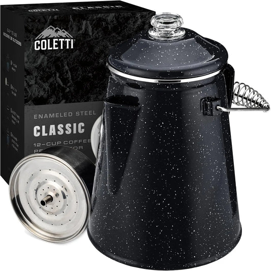 Coletti Klassische Emaille-Kaffeemaschine (schwarz, 12 Tassen) – die Originale, Moderne Camping-Kaffeemaschine – unverzichtbar für den Campingplatz-Braumeister