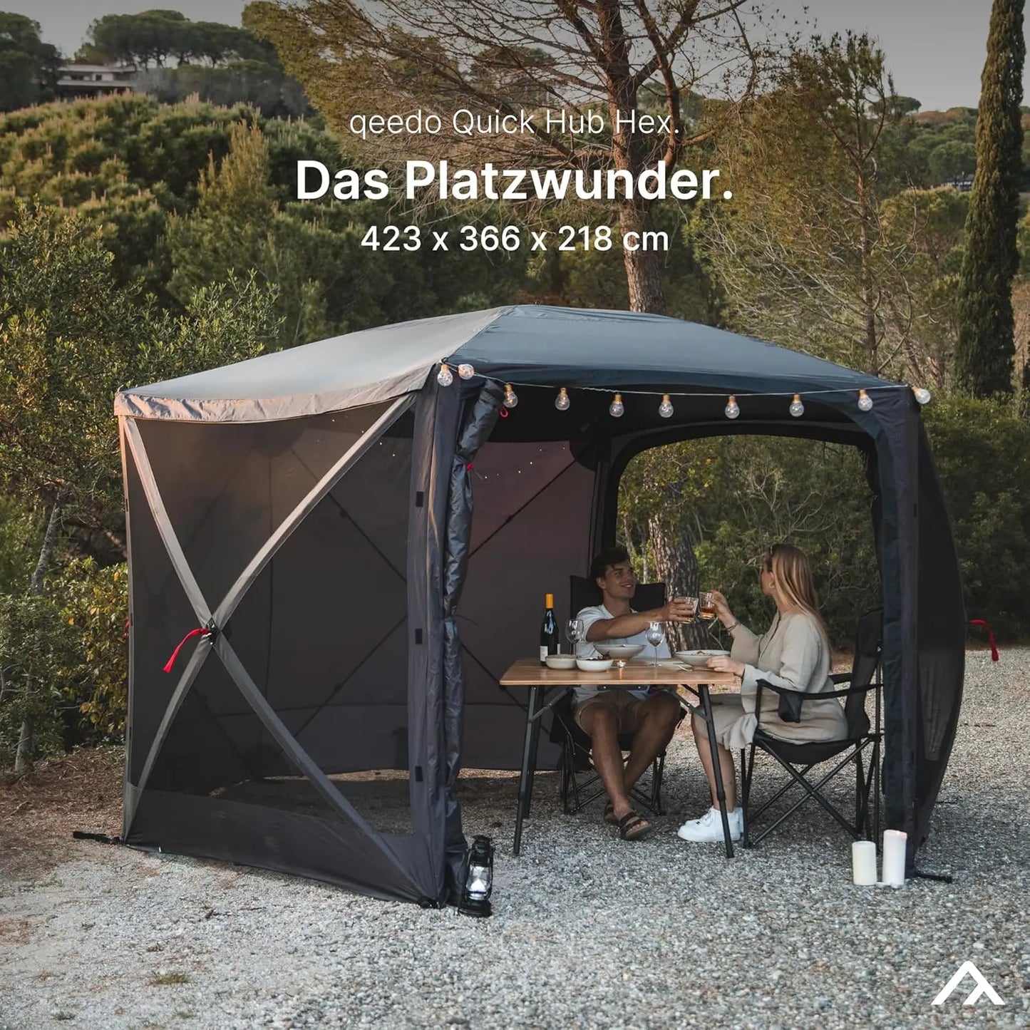 qeedo faltbares Schnell-Aufbau Pavillon mit UV-Schutz, wasserabweisend (3,7 x 2,2 m) inkl. Sturmleinen & Stahl-Heringe, Camping Vorzelt Event Shelter - Quick Hub Hex