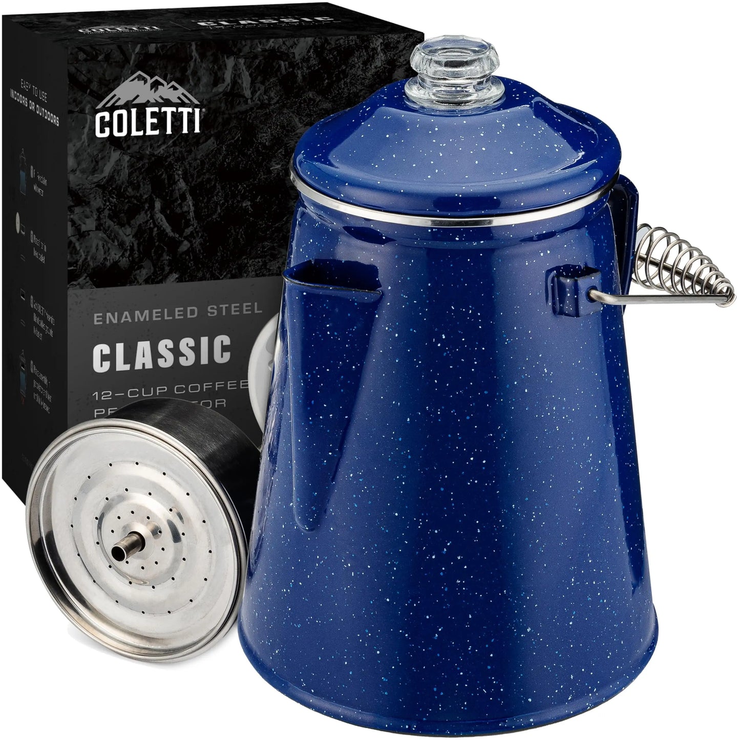 Coletti Klassische Emaille-Kaffeemaschine (schwarz, 12 Tassen) – die Originale, Moderne Camping-Kaffeemaschine – unverzichtbar für den Campingplatz-Braumeister