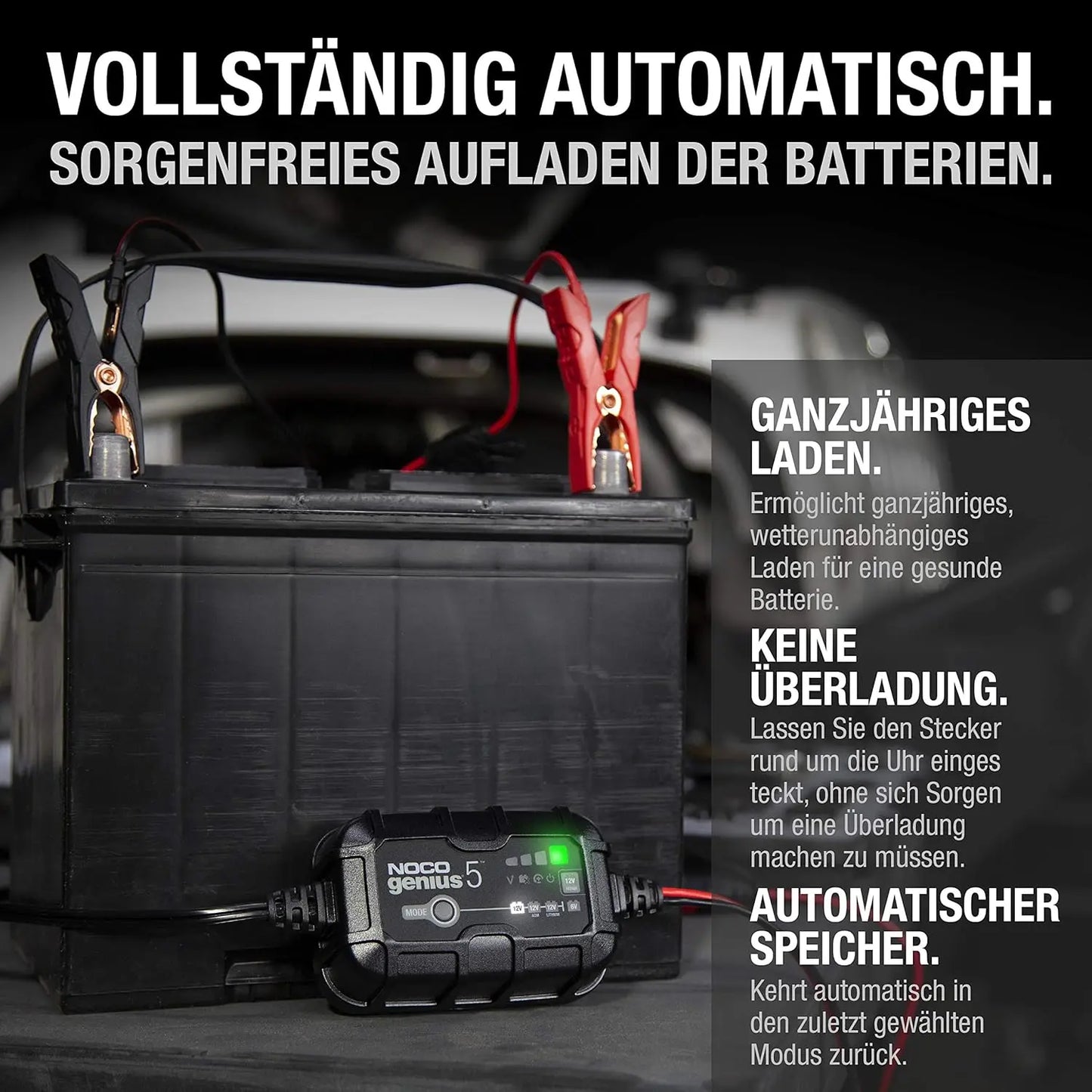 NOCO GENIUS5: 5A Intelligentes Batterieladegerät, 6V/12V Ladegerät, Erhaltungsladegerät und Desulfator mit Temperaturkompensation
