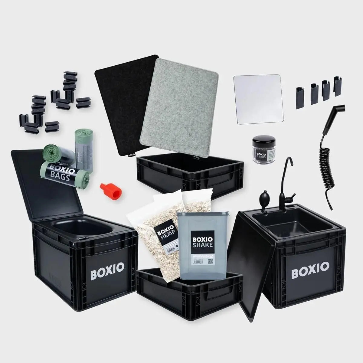 BOXIO - Sanitary Edition: Mobiles Camping Badezimmer All-in-one Lösung, Mobiles Camping Waschbecken, Campingtoilette, Duschbrause & umfangreiches Campingzubehör