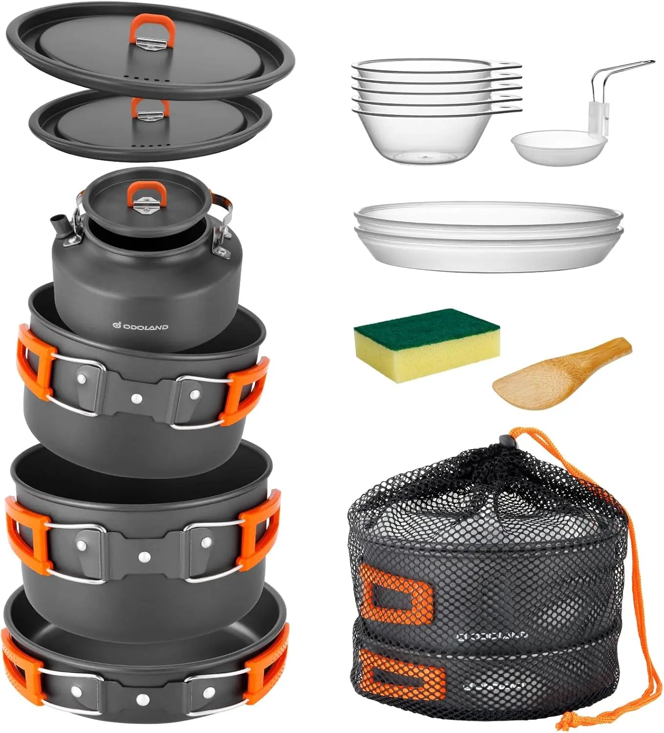 camping essgeschirr Camping Geschirr Set 15 Teilig, Outdoor Kochgeschirr Set mit 2 Topfe, Bratpfanne und Wasserkocher Camping Kochtopf Set, Kochgeschirr Aluminium für 4-5
