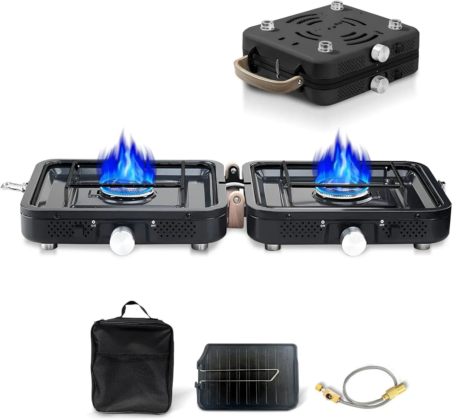 Hengriacly Campingkocher, Collapsible & Tragbare, Gaskocher 2 Flammig mit Piezo-Zündung, inkl. Grillplatte & Gasschlauch, für Outdoor BBQ, Wandern & Notfälle, Butan